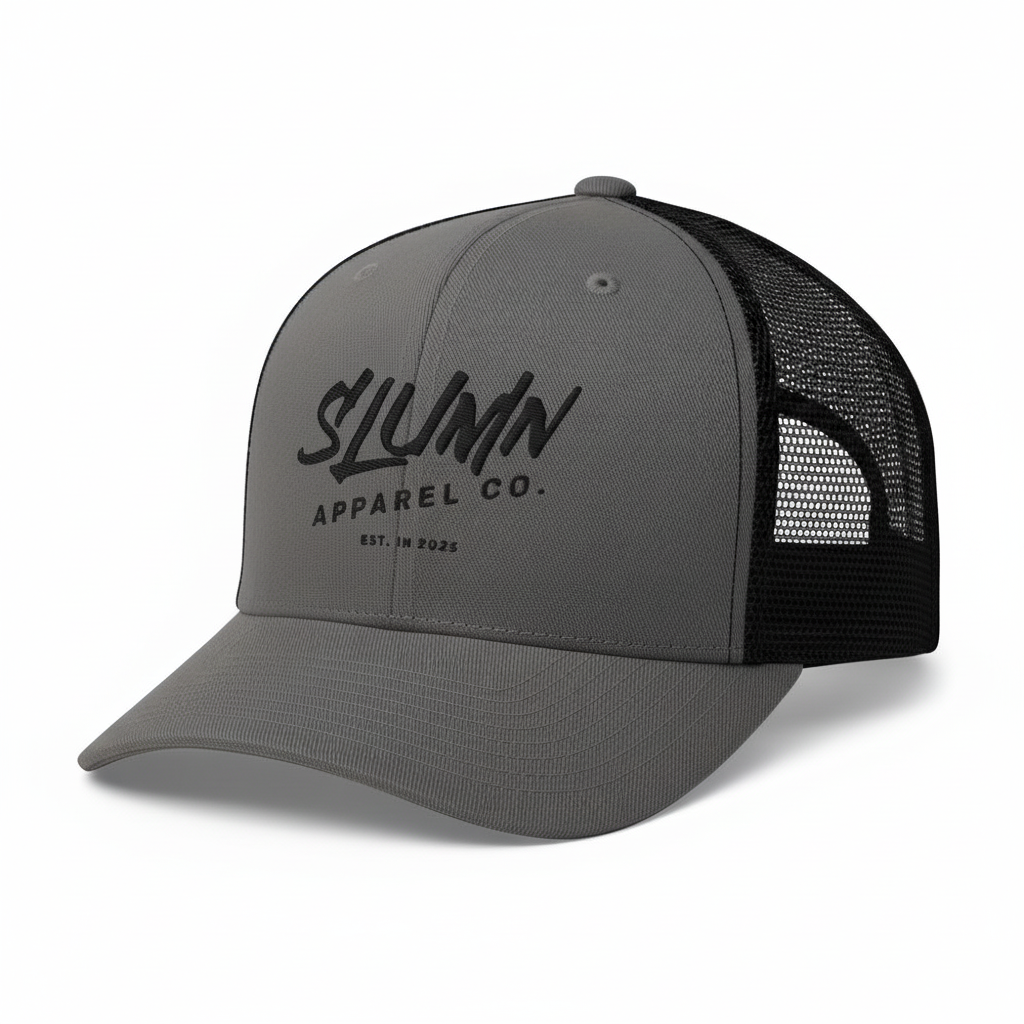 SLUMn Embroidered Trucker Cap professional studio mockup