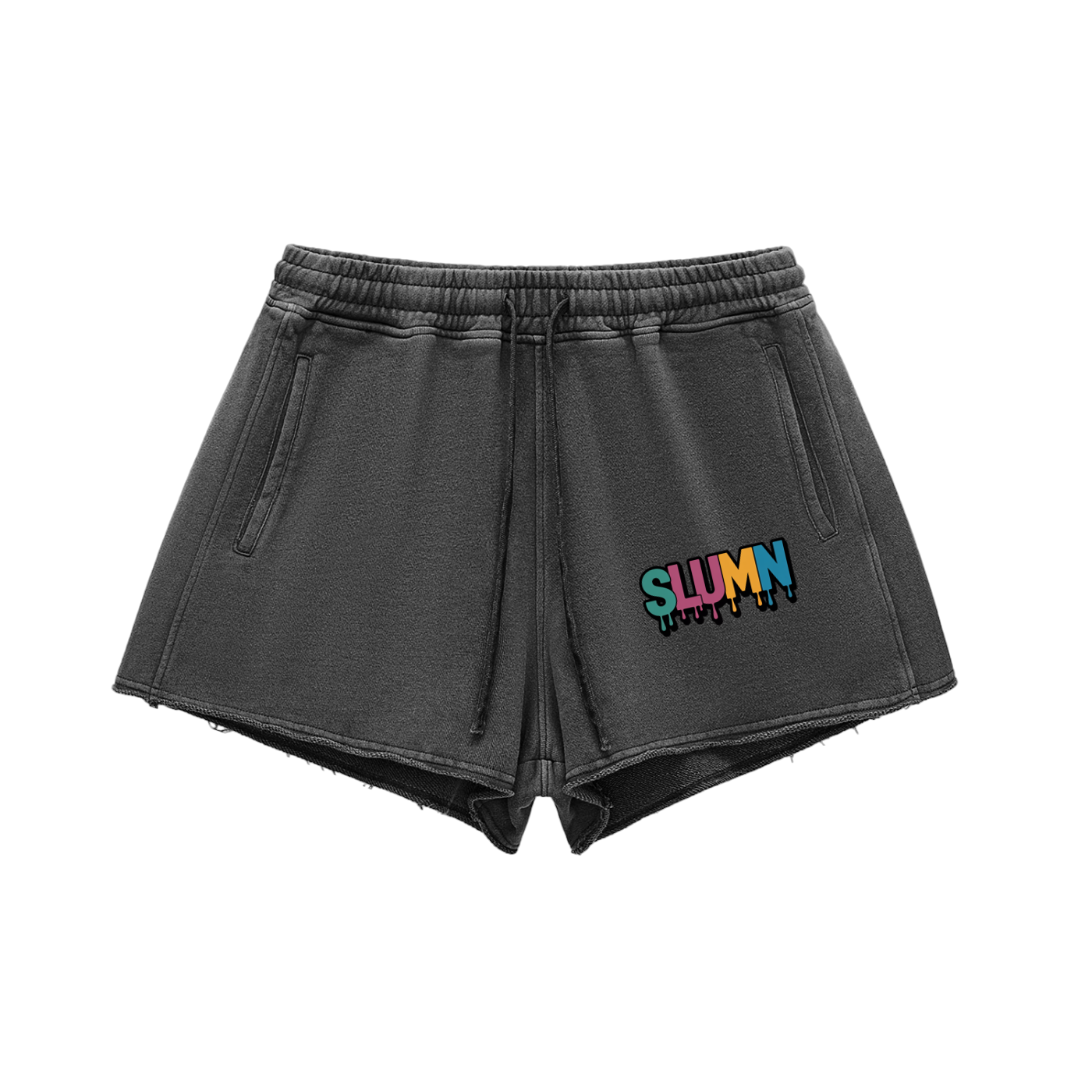 Snow Washed Raw Edge Drawstring Shorts