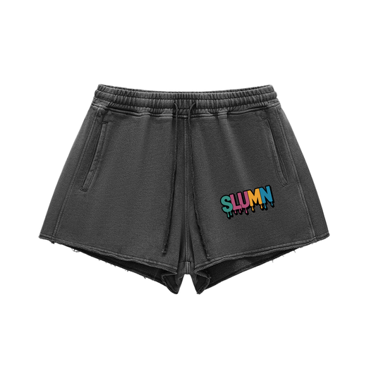 Snow Washed Raw Edge Drawstring Shorts
