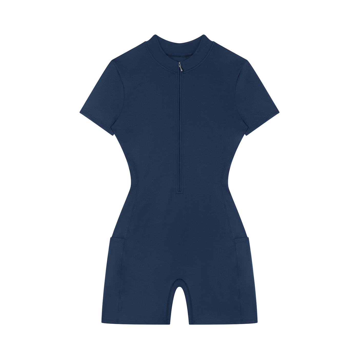 Quarter-Zip Short Sleeve Romper – Stretch Nylon Bodycon