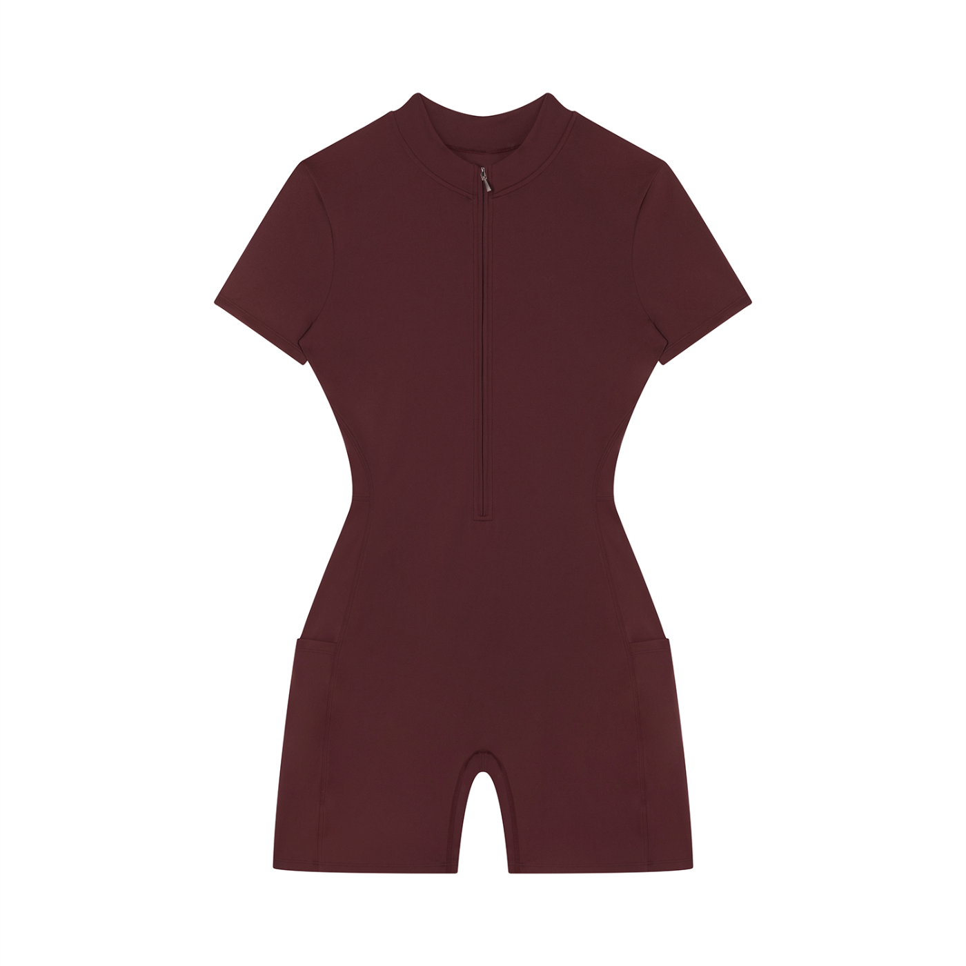 Quarter-Zip Short Sleeve Romper – Stretch Nylon Bodycon