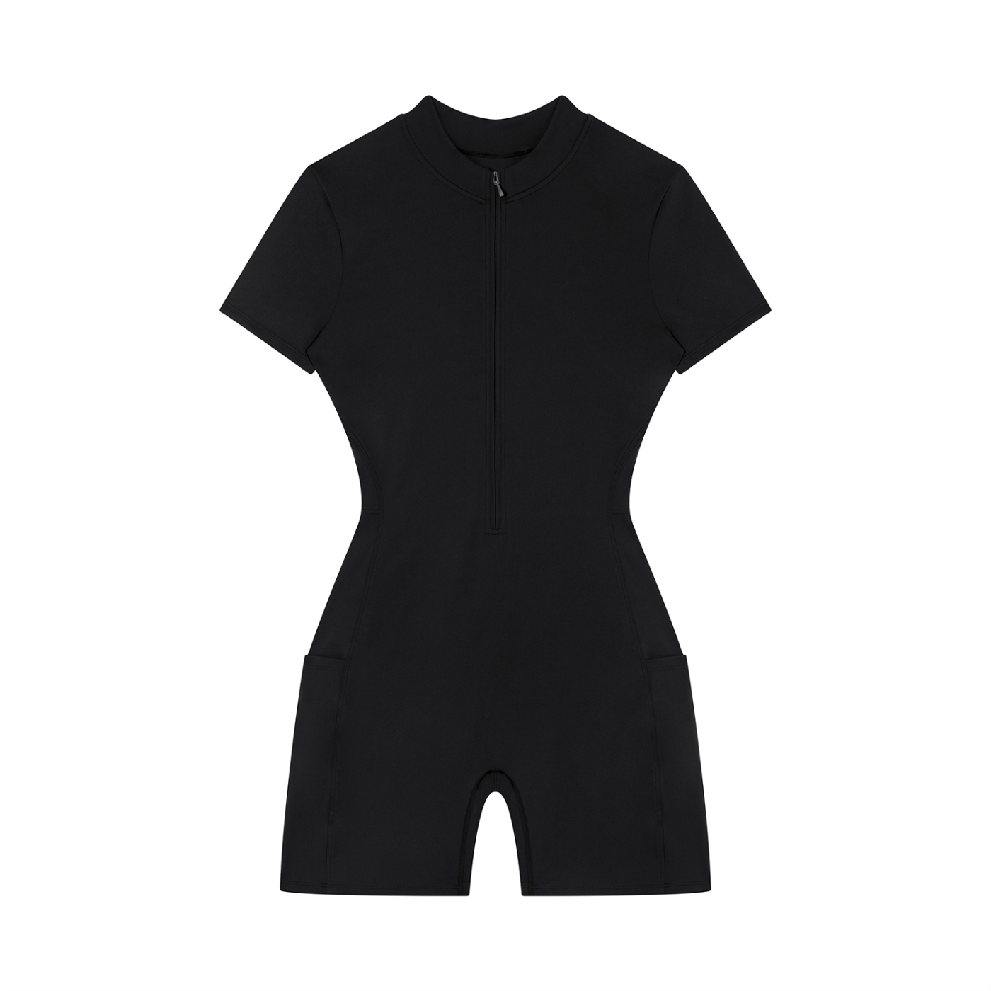 Quarter-Zip Short Sleeve Romper – Stretch Nylon Bodycon