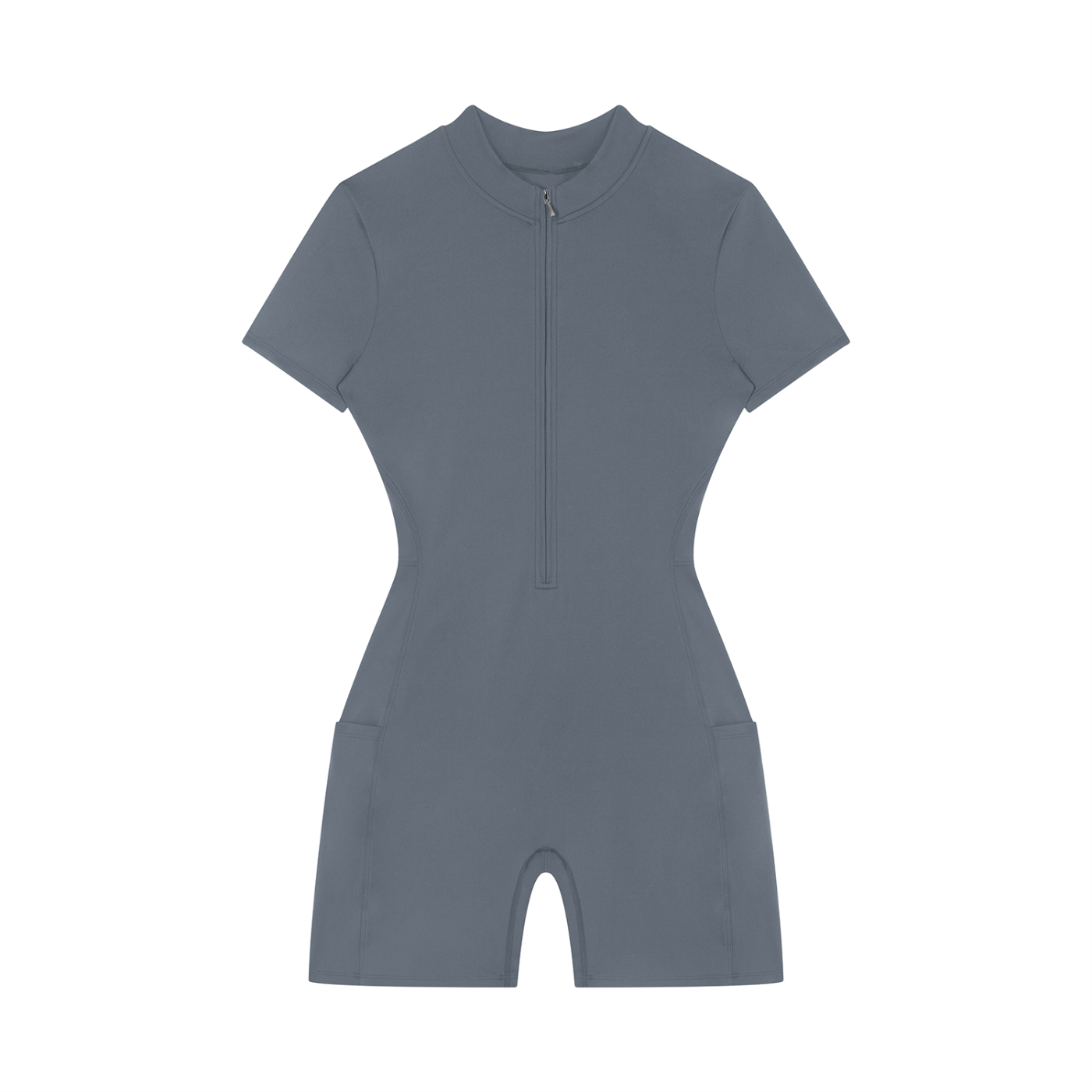 Quarter-Zip Short Sleeve Romper – Stretch Nylon Bodycon