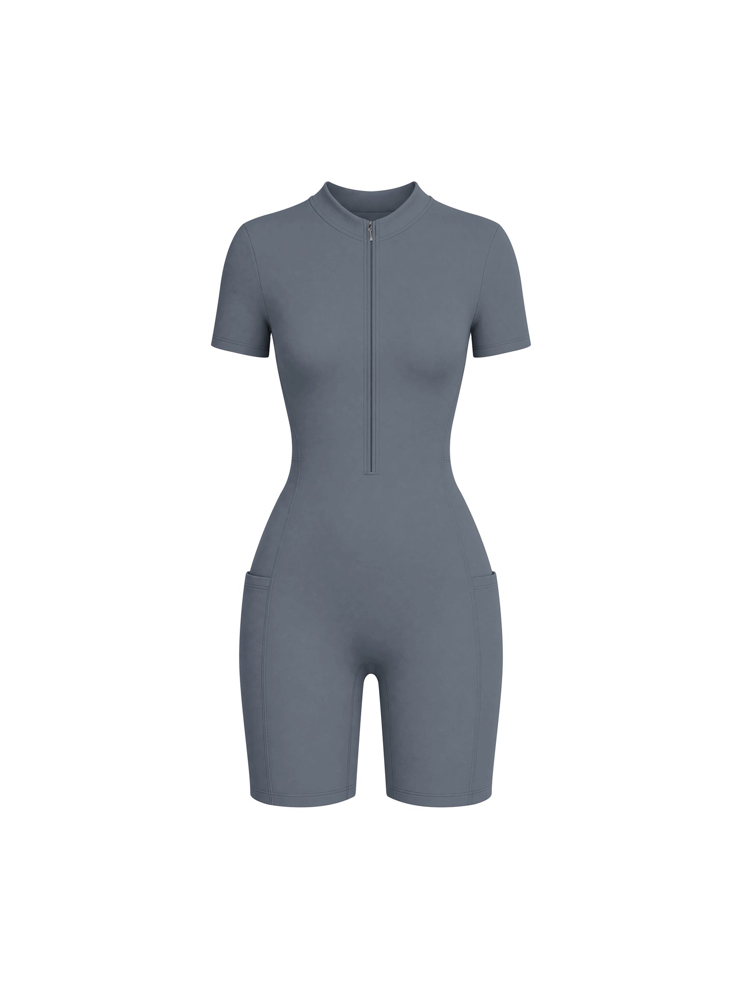 Quarter-Zip Short Sleeve Romper – Stretch Nylon Bodycon