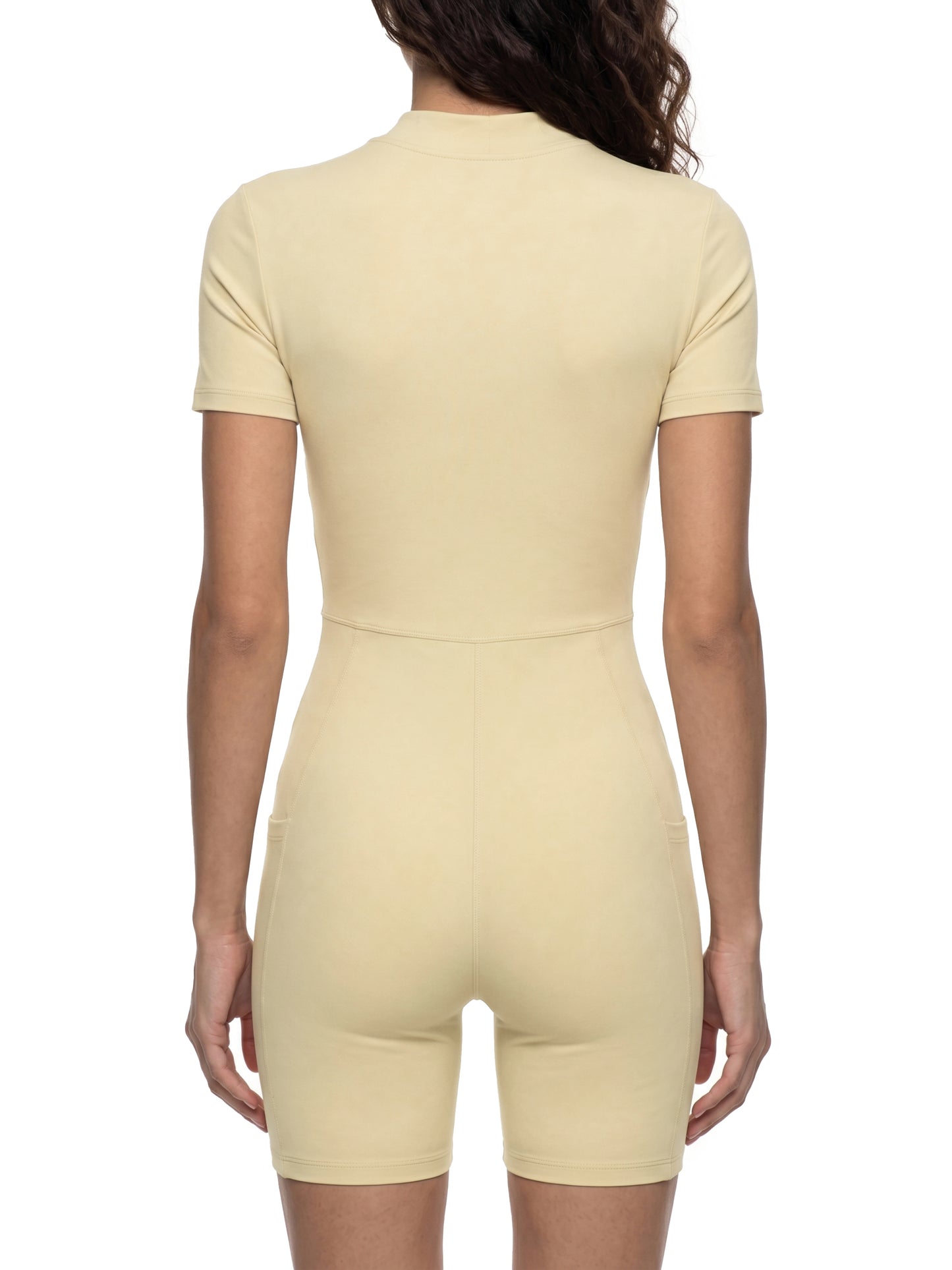 Quarter-Zip Short Sleeve Romper – Stretch Nylon Bodycon