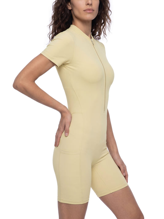 Quarter-Zip Short Sleeve Romper – Stretch Nylon Bodycon