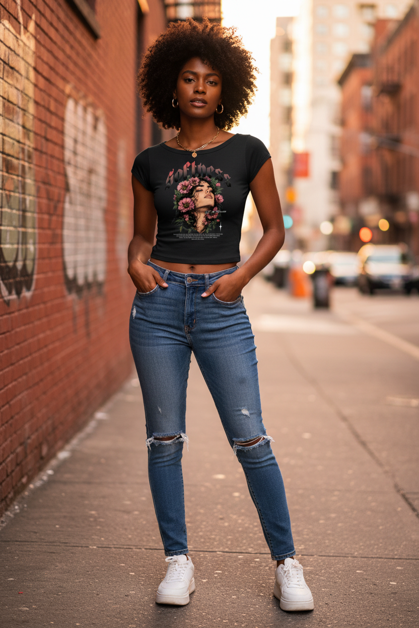 Black woman wearing the Essential Wide Neck Crop Tee in an urban outdoor setting