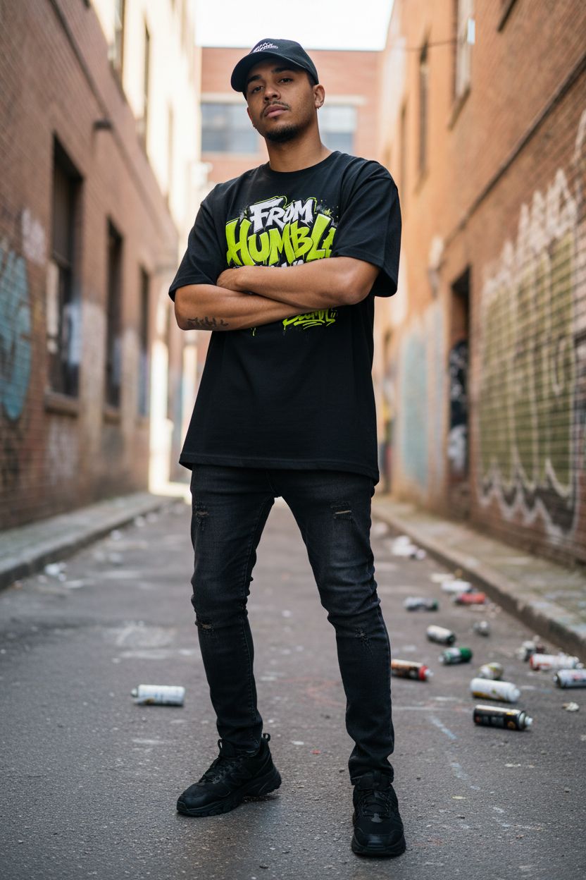 SLUMn From Humble Beginnings oversized tee in black - urban lifestyle editorial