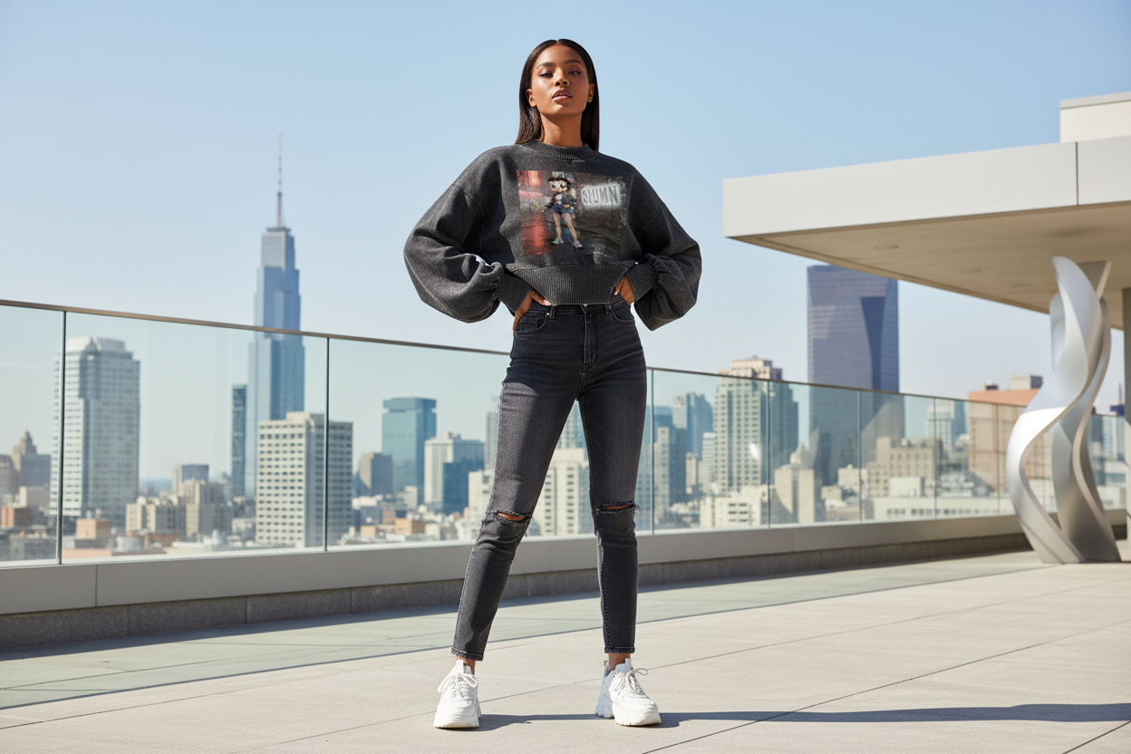 Mineral Wash Balloon Sleeve Cropped Sweater