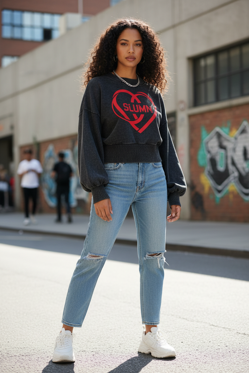 Mineral Wash Balloon Sleeve Cropped Sweater