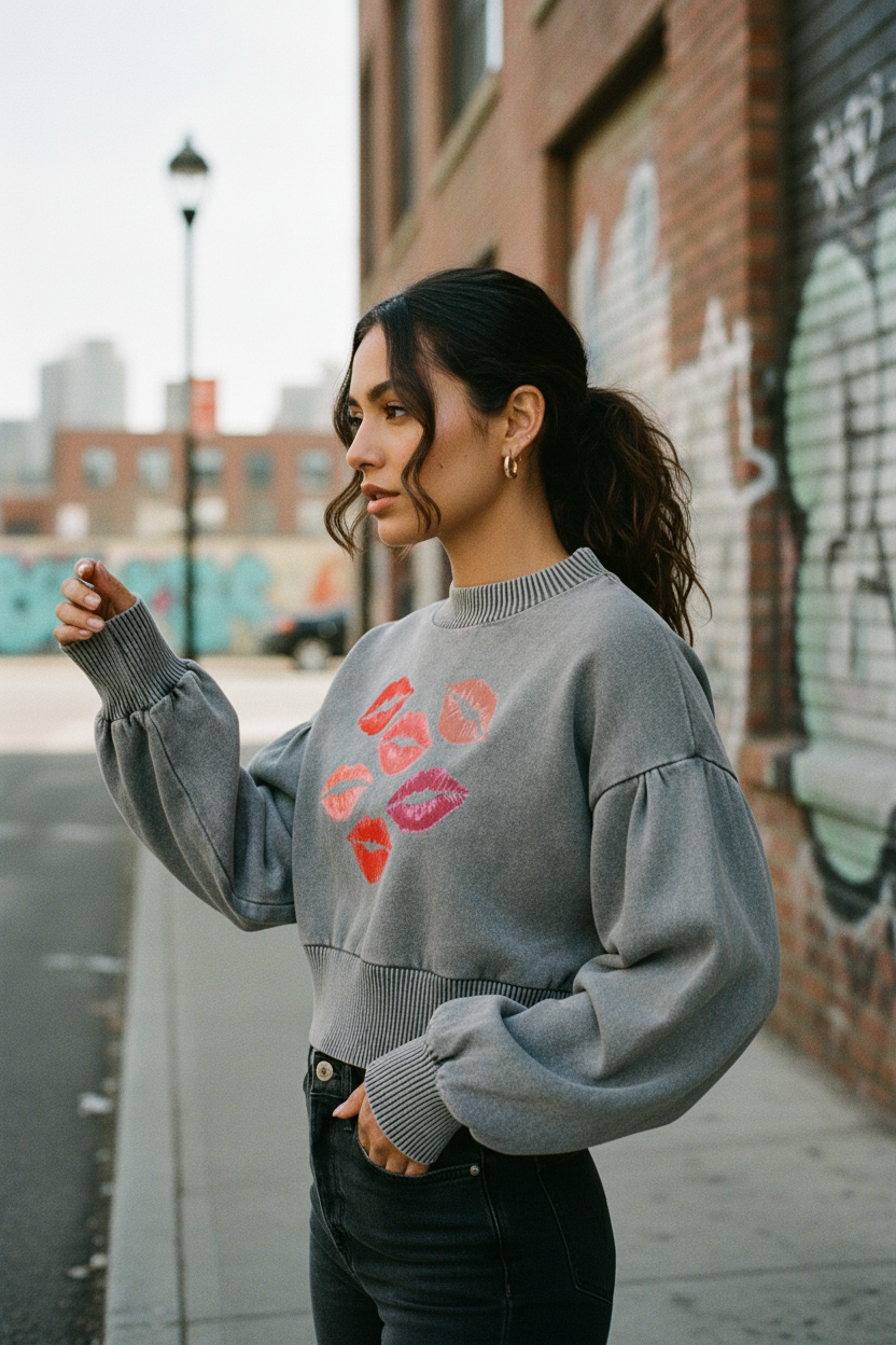 SLUMn Kisses Mineral Wash Balloon Sleeve Cropped Sweater